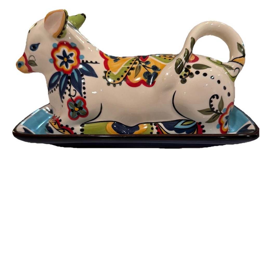 España Lifestyle BOCCA 2pc Ceramic Cow BUTTER DISH Keeper Handpainted Floral HTF